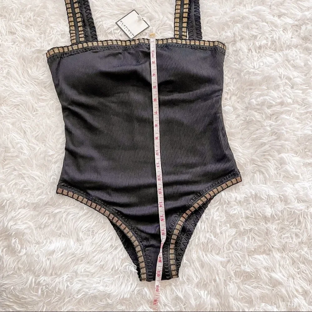 Platinum Swimwear Black Square Neck One Piece Swimsuit with Gold Trim SZ S BNWT